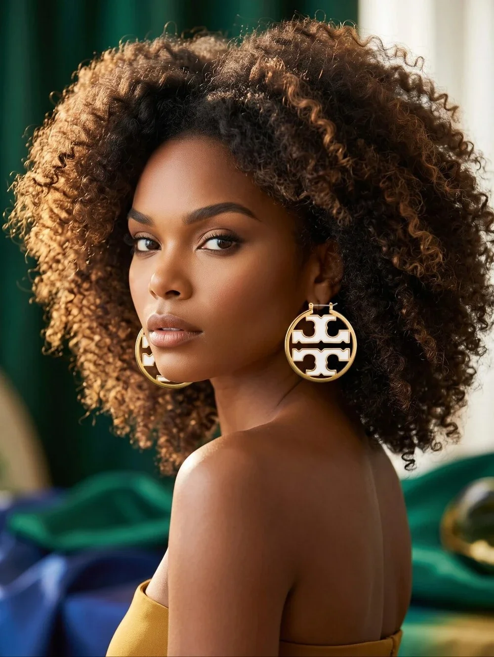 Tory Burch Gold and White Miller Logo Hoop Earrings